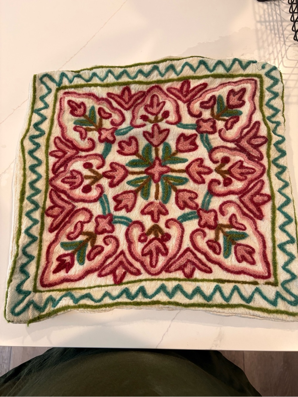Embroidered Floral Accent Pillow Cover - Cream with Red and Teal Accents